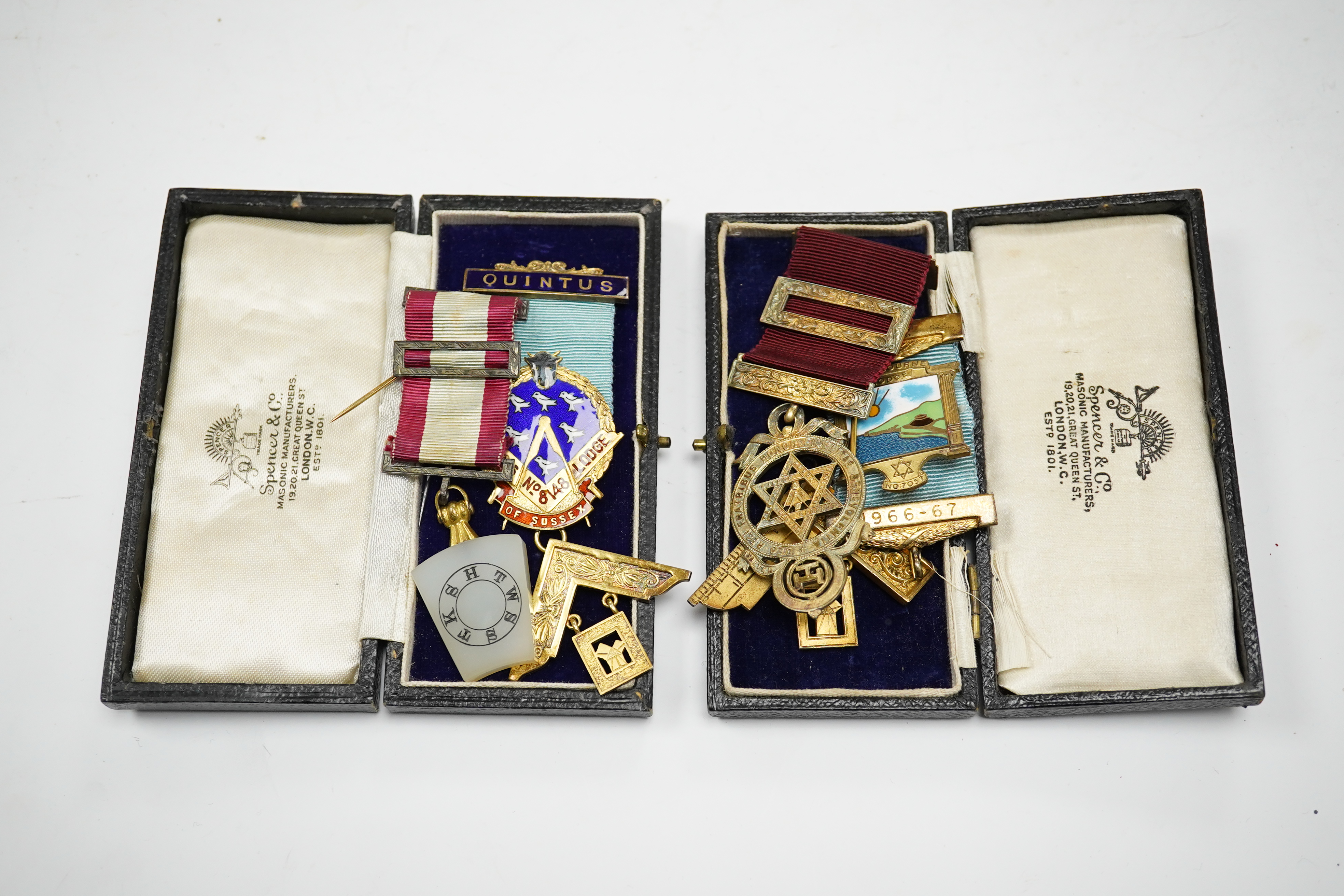 Masonic medals some silver gilt and enamel, to include Eastbourne Lodge and Taurus No 8148 Lodge of Sussex. Condition - fair to good